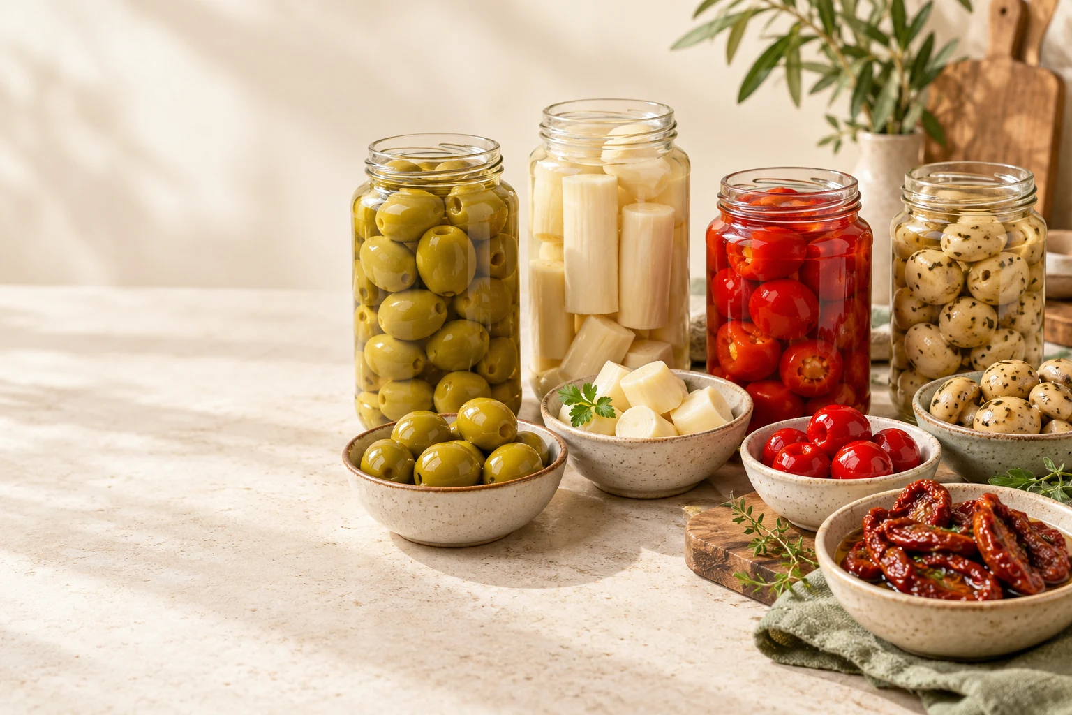 Composição ilustrativa de potes de conservas com azeitonas, palmitos, pimentas, cogumelos e tomate seco
